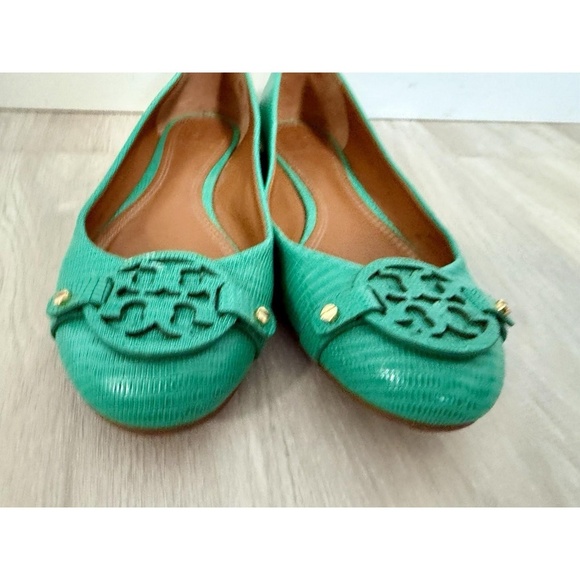 TORY BURCH Size 6.5 M Mini Miller Pond Green Logo Ballet Flat Leather Shoes - Picture 7 of 13